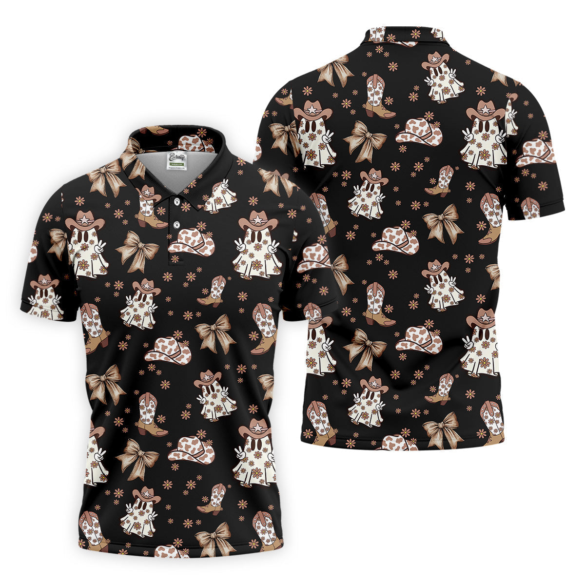 Coquette Halloween Cowboy Ghost Black Fun Golf Shirts For Men, Polo Shirts For Men, Golfing Apparel