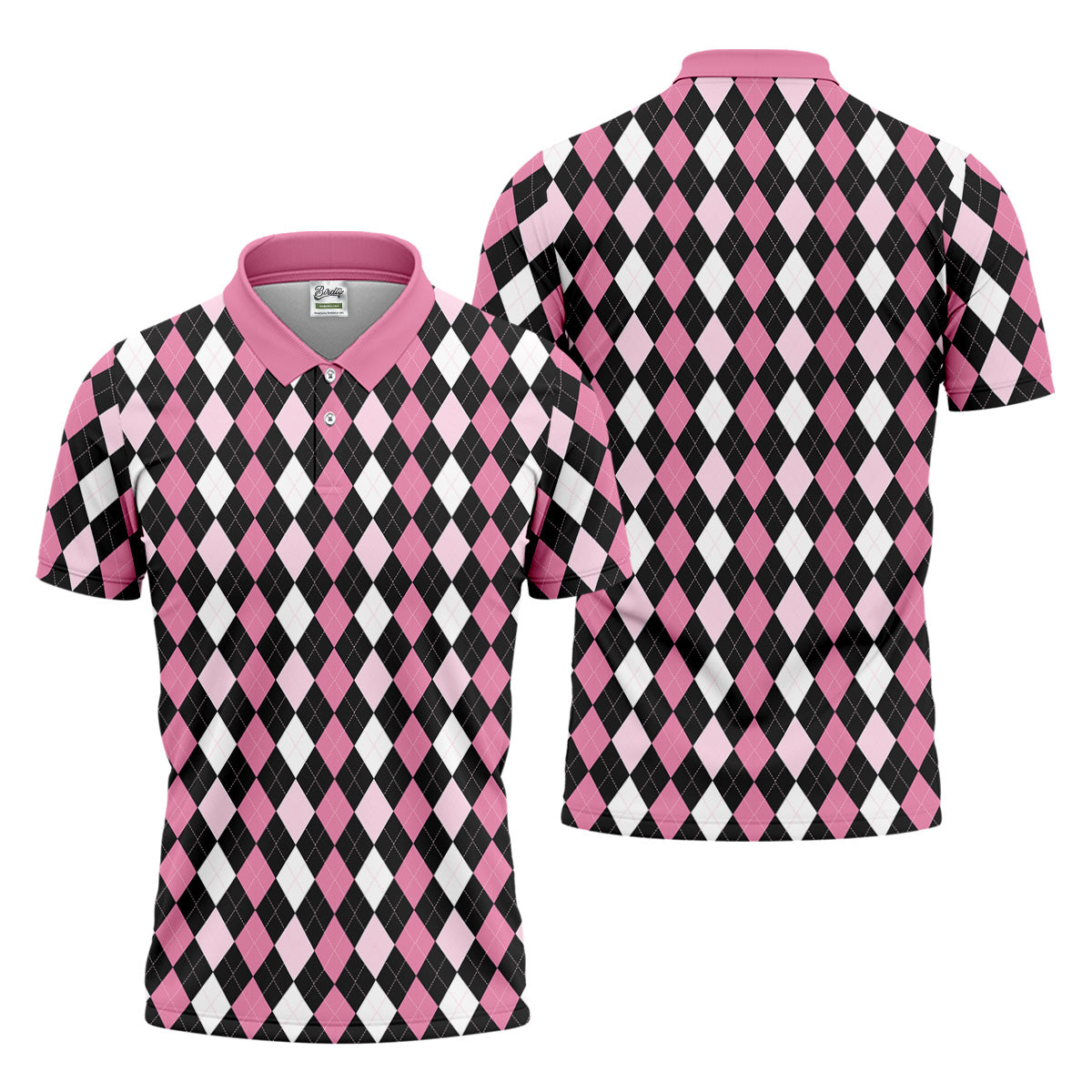 Black Pink Argyle Men's Golf Polo Shirt, Golf Gift For Men, Golfing Apparel, Matching Golf Shirt
