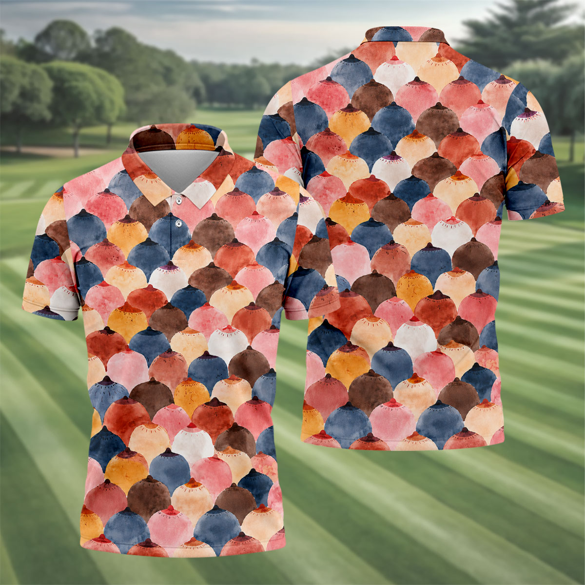 Colorful Watercolor Shell Pattern Golf Shirt, Golf Shirts For Men, Men's Golf Shirt, Polo Shirts For Men