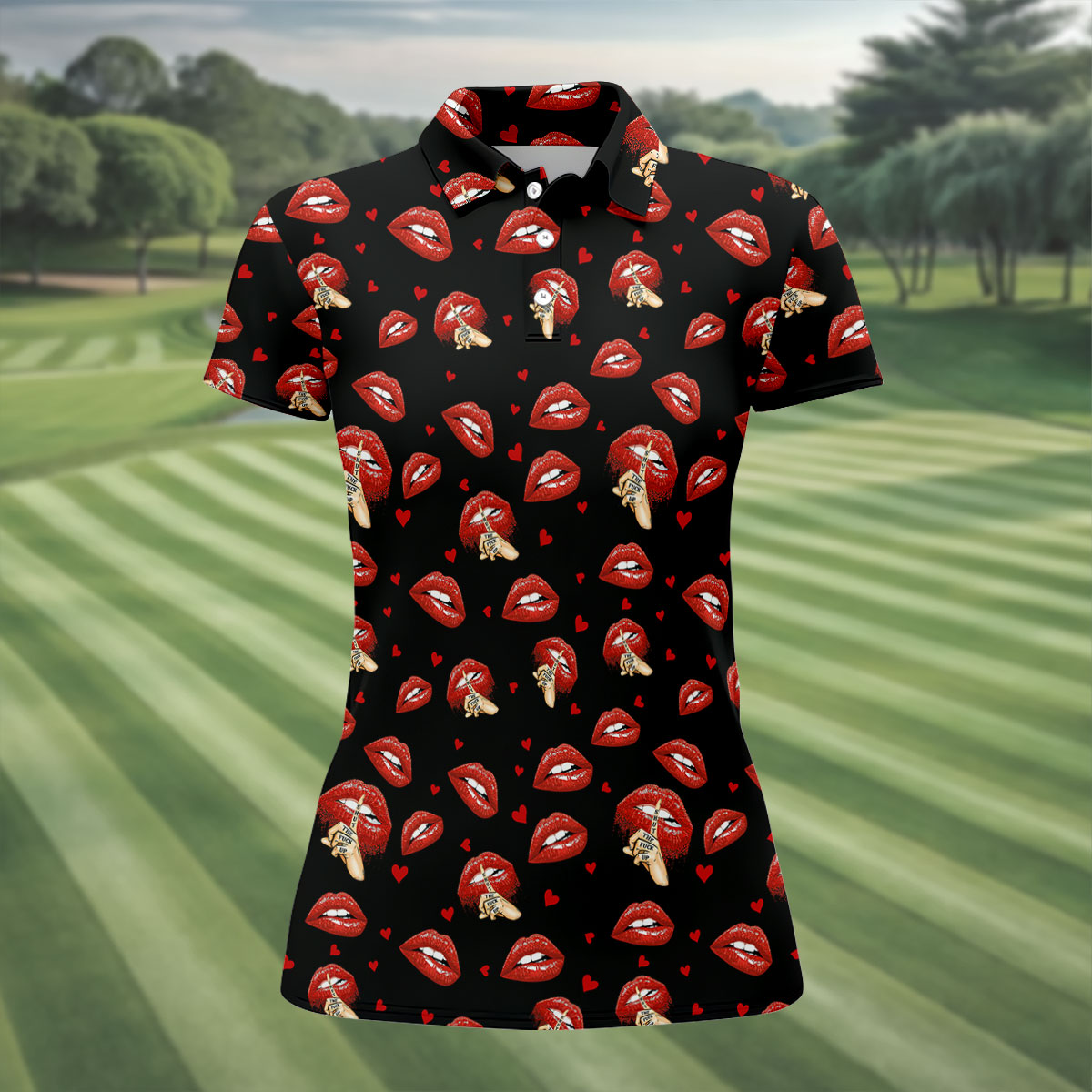 Sassy Red Lips Golf Shirt, Funny Valentine Pattern Design, Women’s Golf Polo