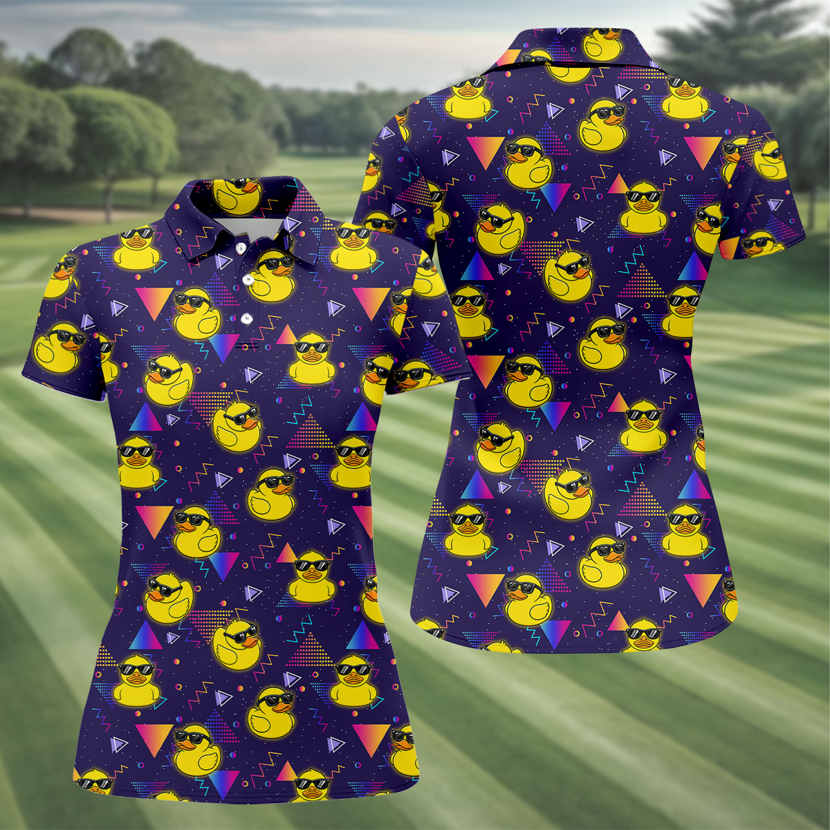 Funny Rubber Duck Retro Pattern Hawaiian Golf Shirt, Women's Golf Tops, Ladies Golf Shirts