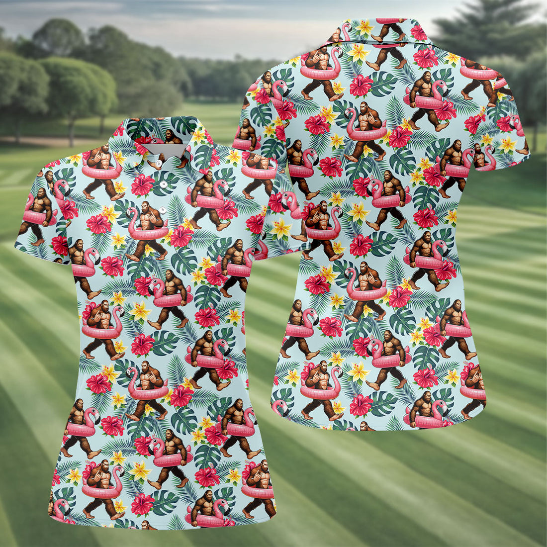 Ice Blue Bigfoot Flamingo Paradise Hawaiian Golf Shirt, Women's Golf Tops, Ladies Golf Shirts