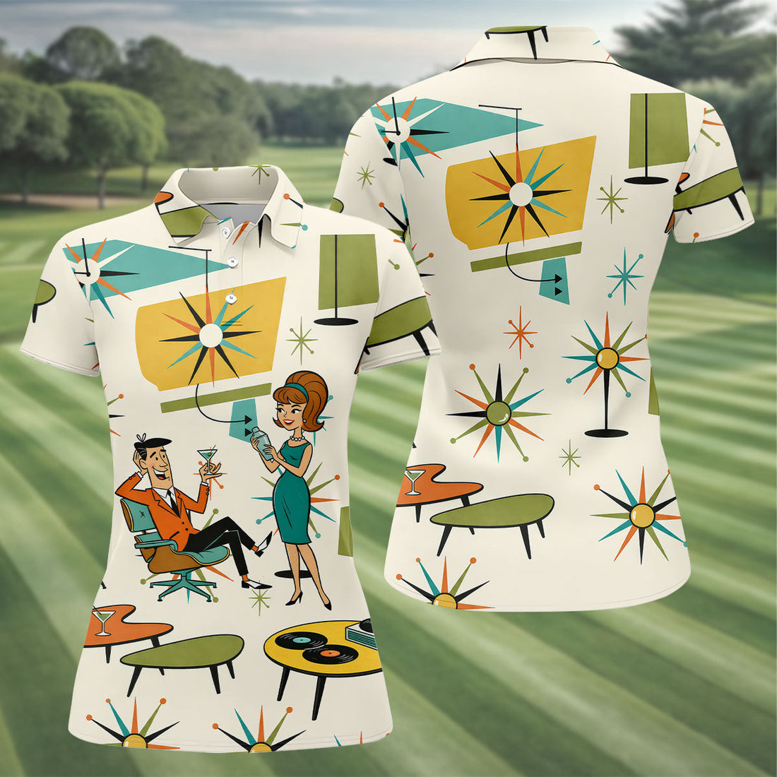 Atomic Cocktail Lounge Retro Hawaiian Golf Shirt, Women's Golf Tops, Ladies Golf Shirts