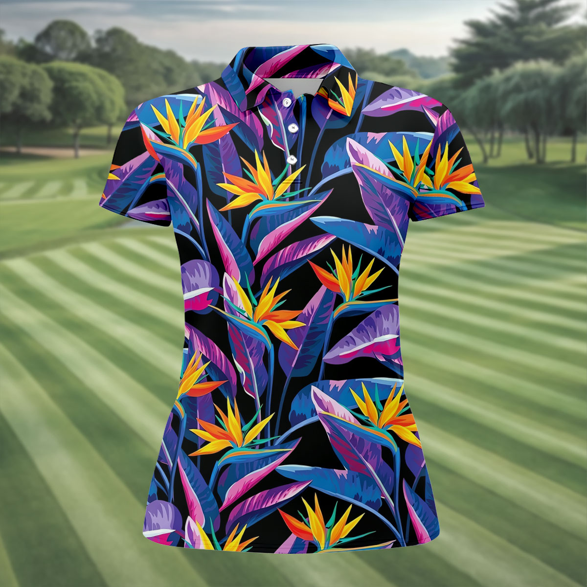 Vibrant Tropical Flowers and Exotic Jungle Leaves Hawaiian Golf Polo, Golf Tops For Women, Golfing Apparel