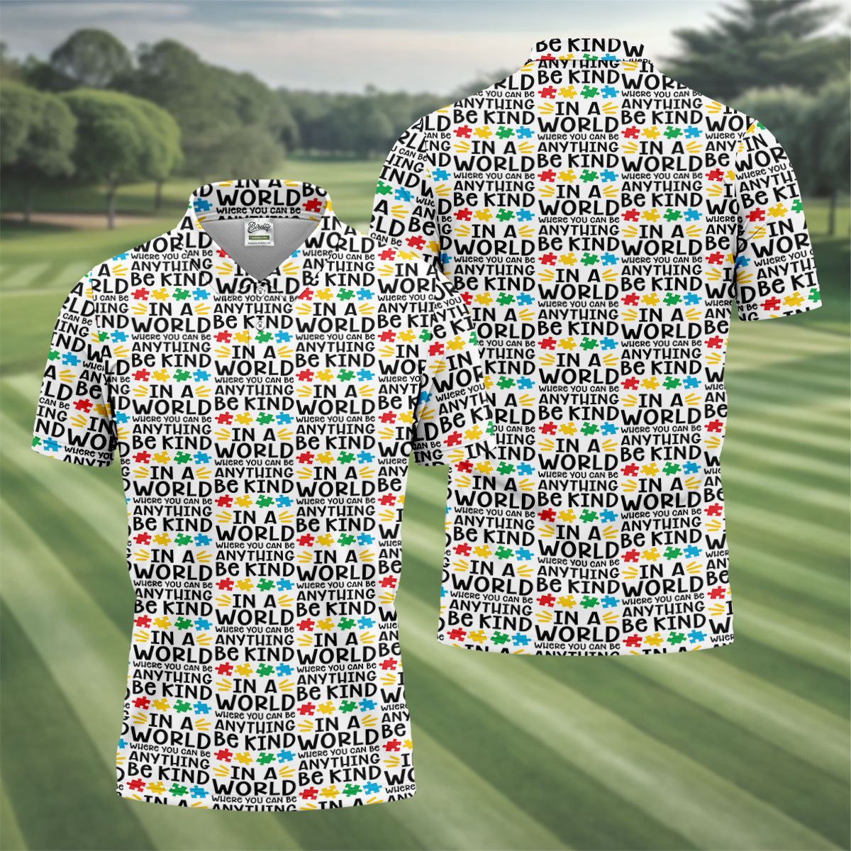 In A World Where You Can Be Anything Be Kind Autism Awareness Puzzle Pattern White Golf Shirt, Polo Shirts For Men