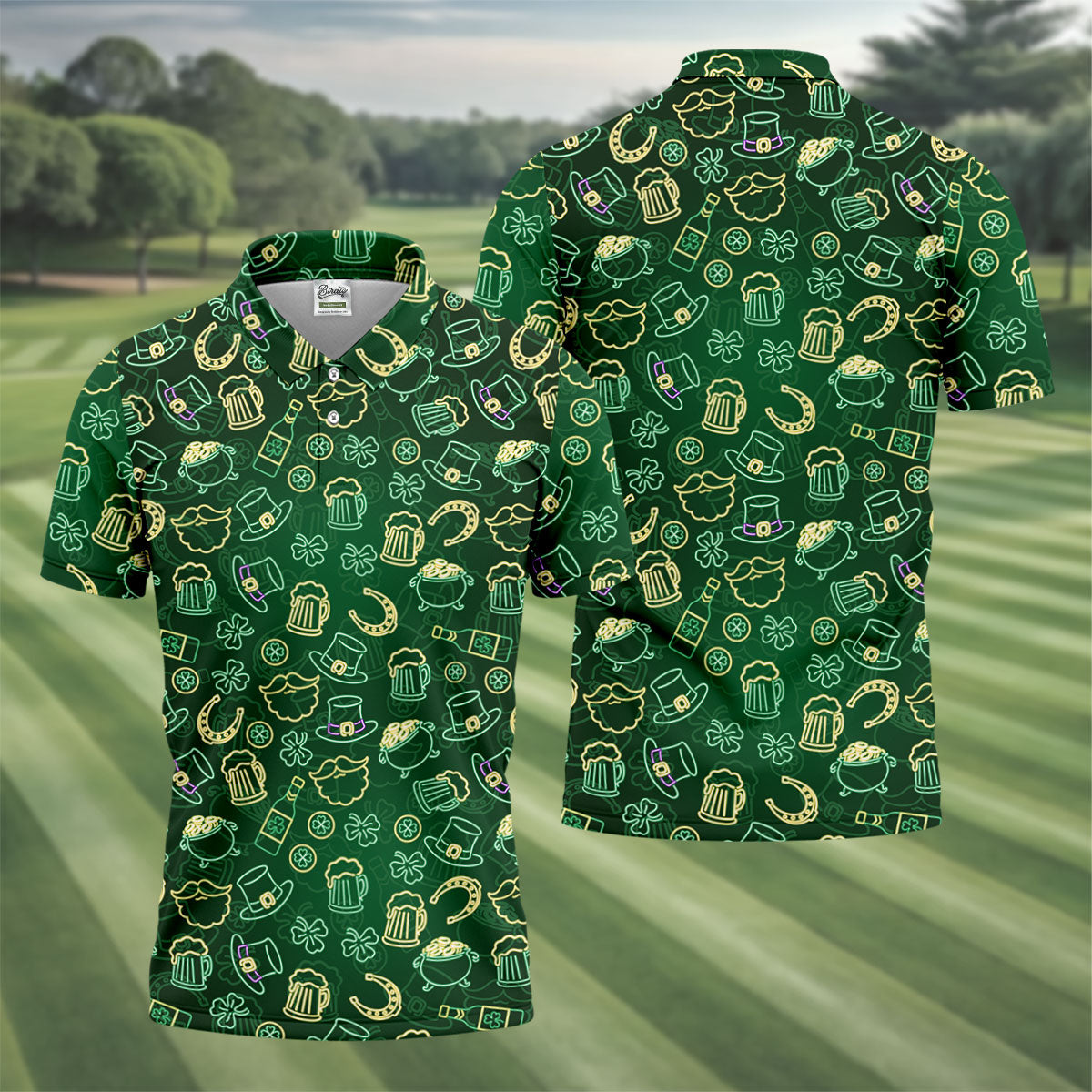 Beer Shamrock Neon Pattern St Patrick's Day Golf Shirt, Golf Tops For Men, Golf Shirts For Men