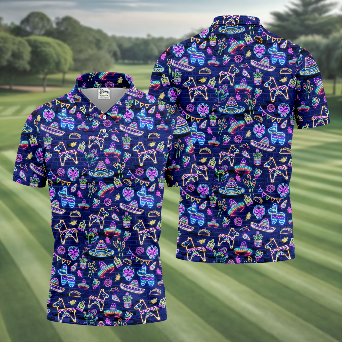 Mexican Holiday Symbols Neon Pattern Cinco De Mayo Celebration Fiesta Themed Golf Shirts For Men