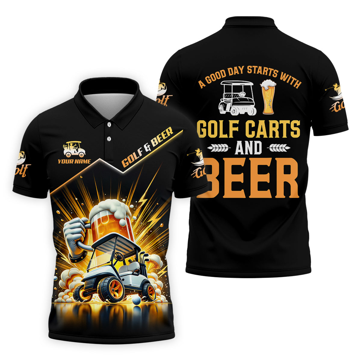 A Good Day Starts With Golf Carts And Beer Custom Men's Golf Polo Shirt, Dad Golf Gift