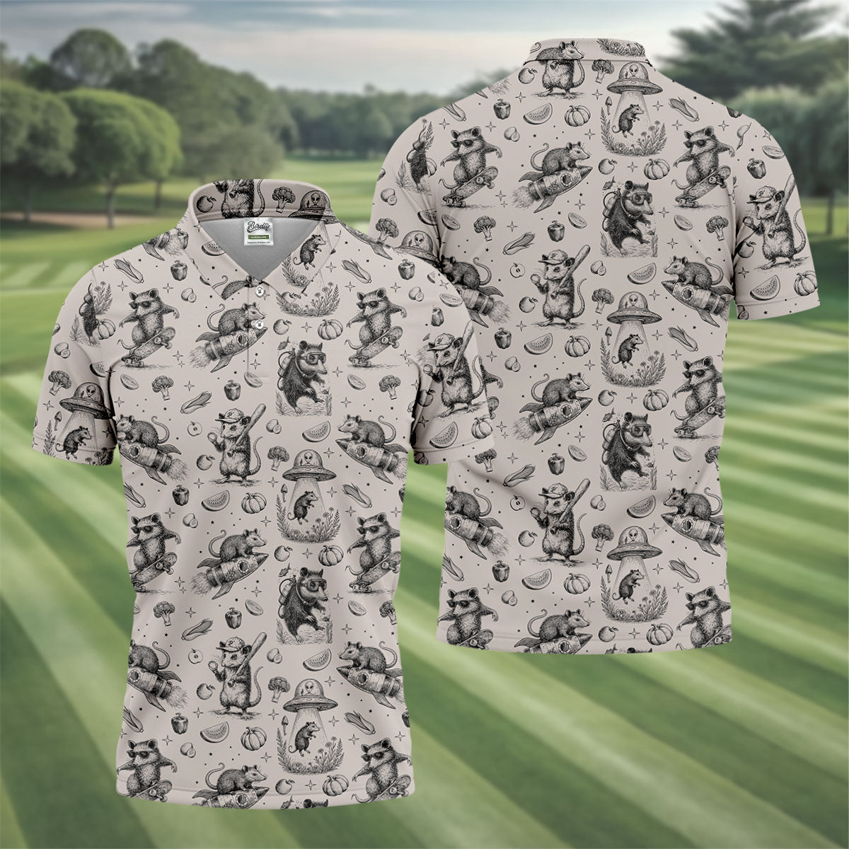 Mice and UFOs in a Fantasy Woodland Pattern Hawaiian Golf Polo, Golf Tops For Men, Golfing Apparel