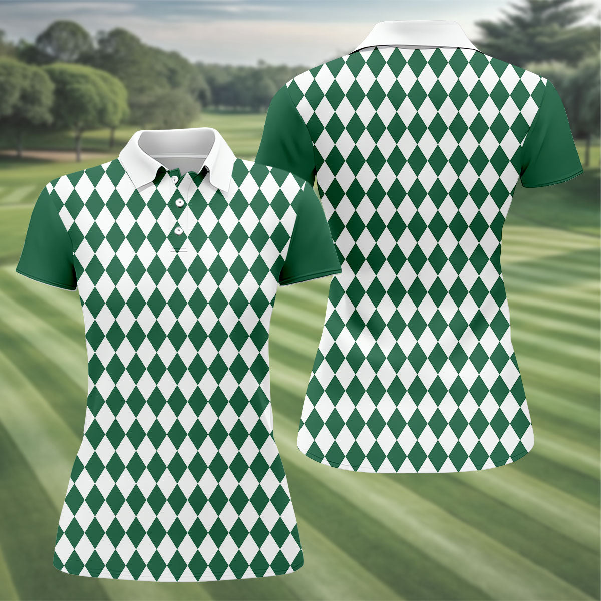 Green And White Argyle Pattern Retro Golf Shirt, Women's Golf Tops, Ladies Golf Polos, Ladies Golf Shirts
