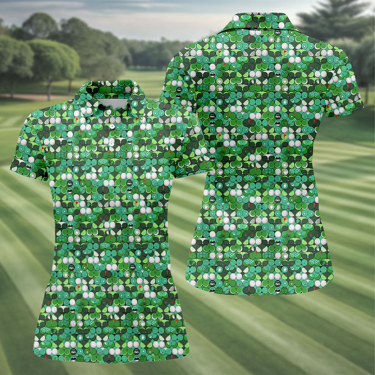 Green Golf Ball And Flag Pattern Golf Shirt, Ladies Golf Shirts , Women's Golf Tops