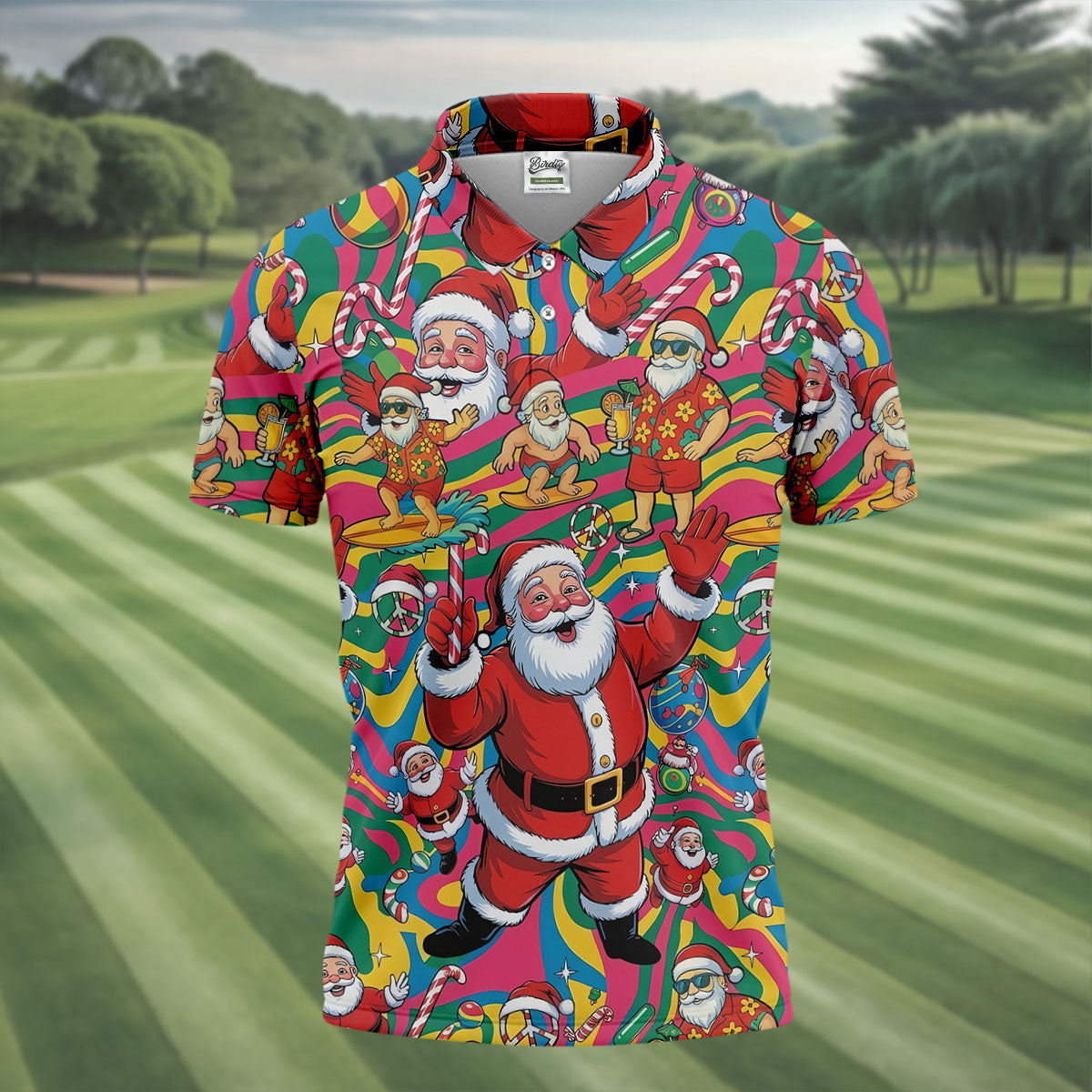 Funny Tropical Santa Christmas Polo Shirt, Mens Golf Polo, Christmas Shirts For Men