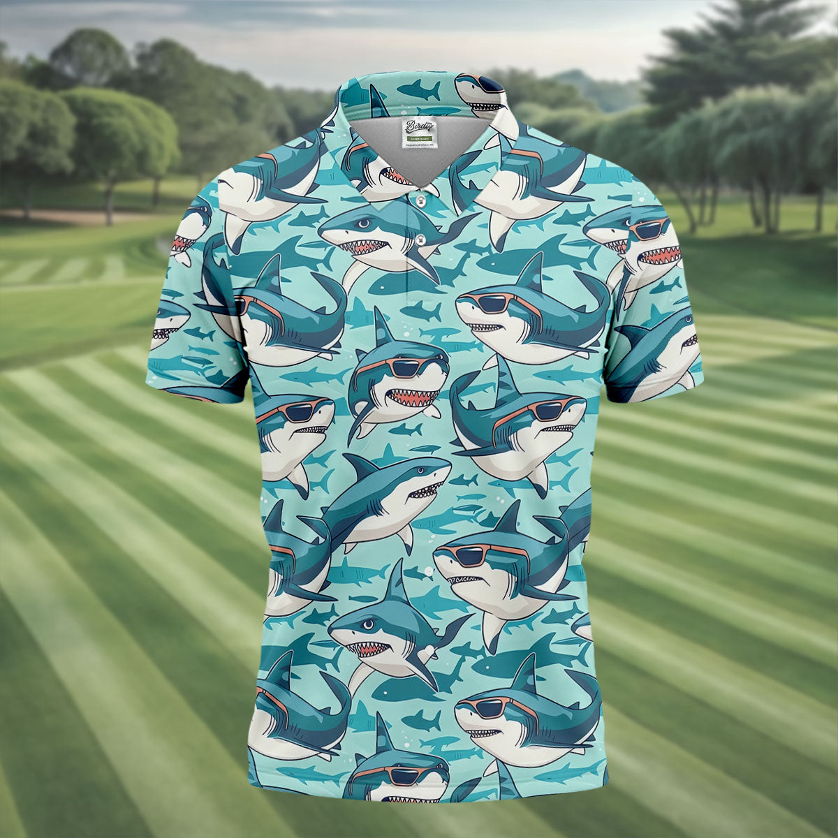 Animated Shark Hawaiian Golf Shirt, Men's Funny Golf Shirts, Golf Shirts For Men