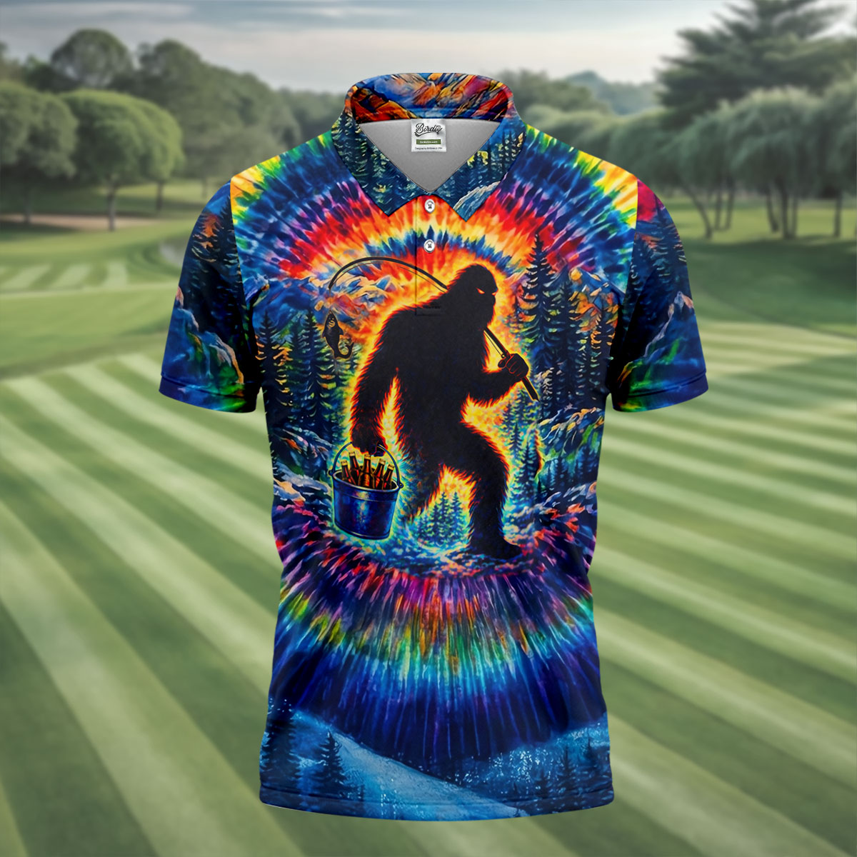 Tie Dye Bigfoot Fishing Forest Golf Shirt, Mens Golf Apparel, Printed Golf Shirts