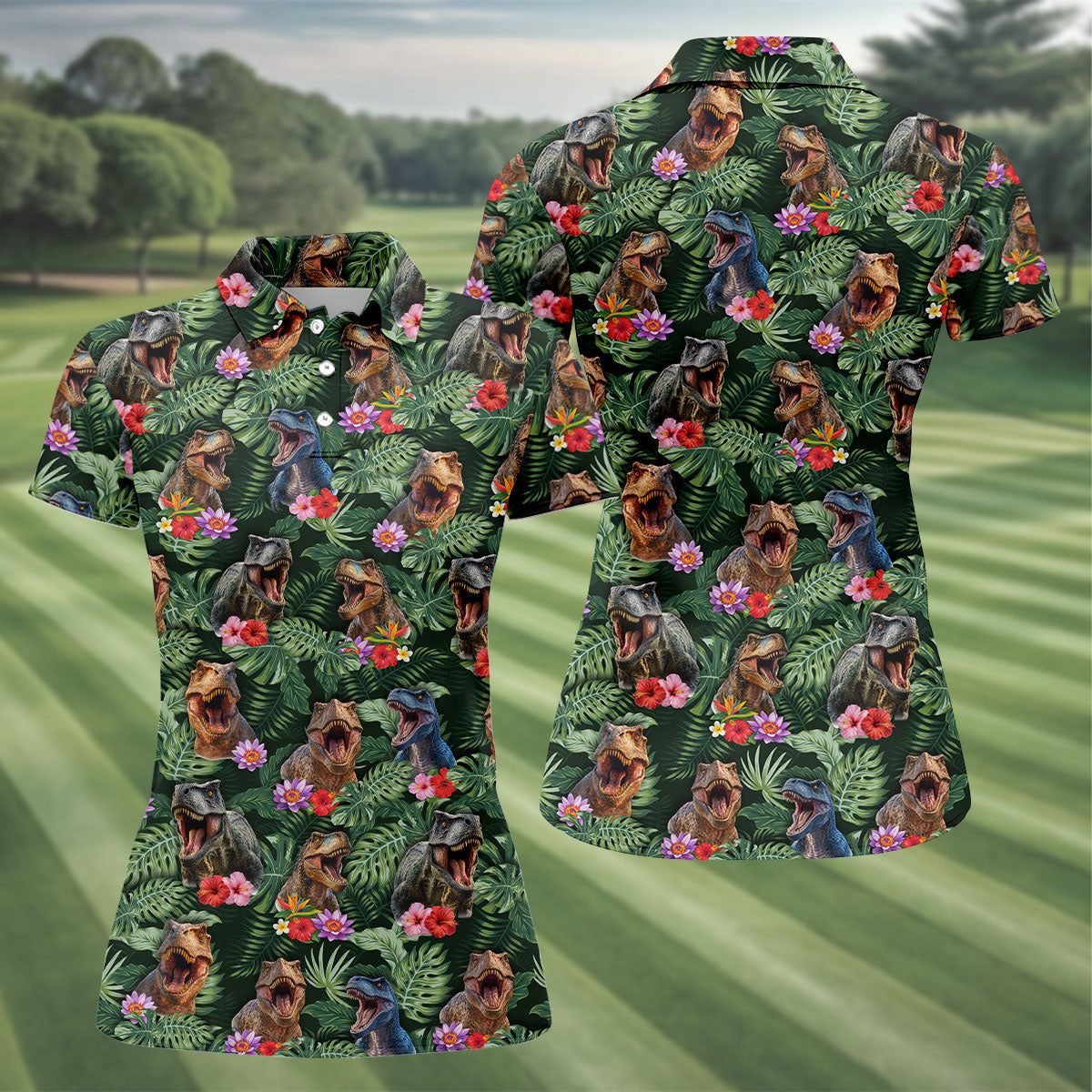 Tropical T Rex Floral Pattern Hawaiian Golf Polo, Golf Tops For Women, Golfing Apparel