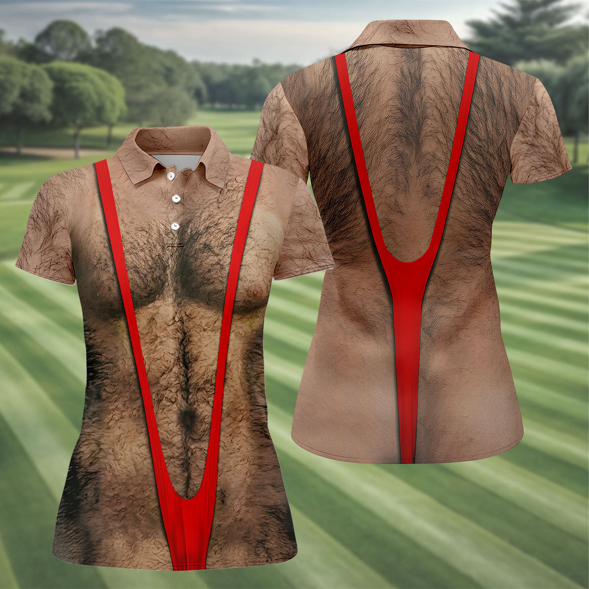 Funny Hairy Chest Red Suspender Golf Shirt, Funny Golf Shirt, Women's Golf Tops, Ladies Golf Shirts