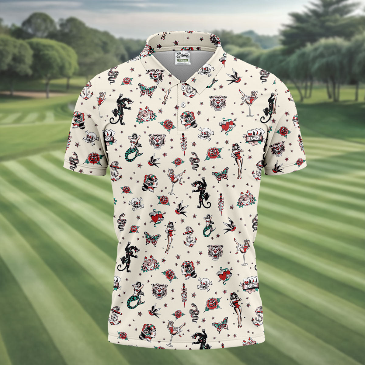 Old School Tattoo Flash Pattern Golf Polo Shirt, Men's Golf Shirt, Printed Golf Shirts