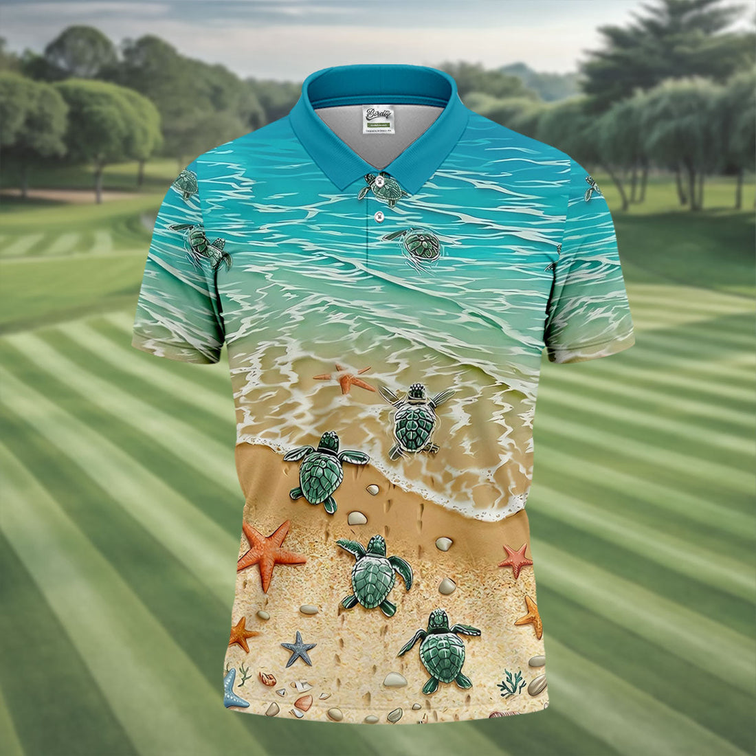 Sea Turtle Print Hawaiian Golf Shirt, Beach Theme Men's Golf Shirt, Polo Shirts For Men