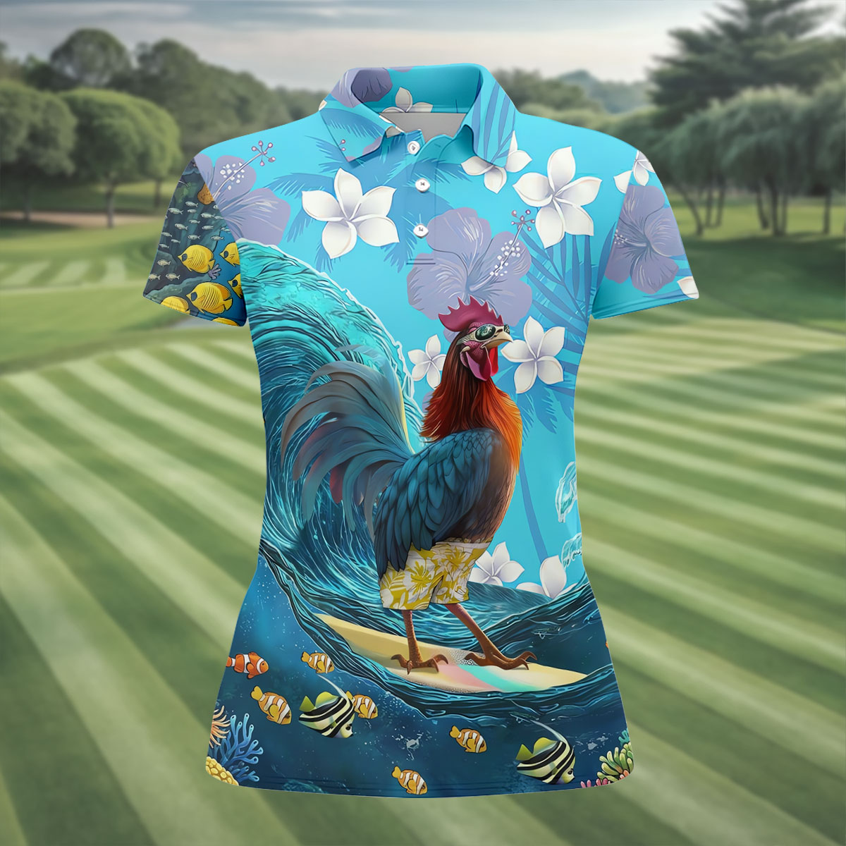 Tropical Floral Beach Scene with Ocean Surf Hawaiian Golf Polo, Golf Tops For Women, Golfing Apparel