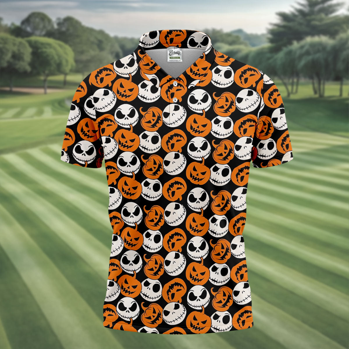 Halloween Skull Pumpkin Pattern Golf Polo Shirt, Men's Golf Shirt, Hawaiian Golf Shirt