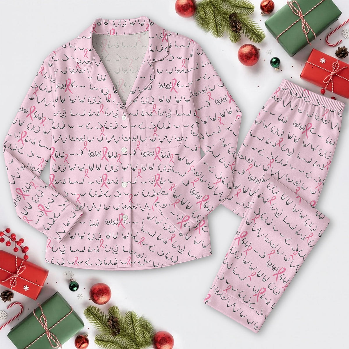 Funny Breast Cancer Pajama Set Long Sleeve, Pink Pajama Set, Breast Cancer Awareness Pajama