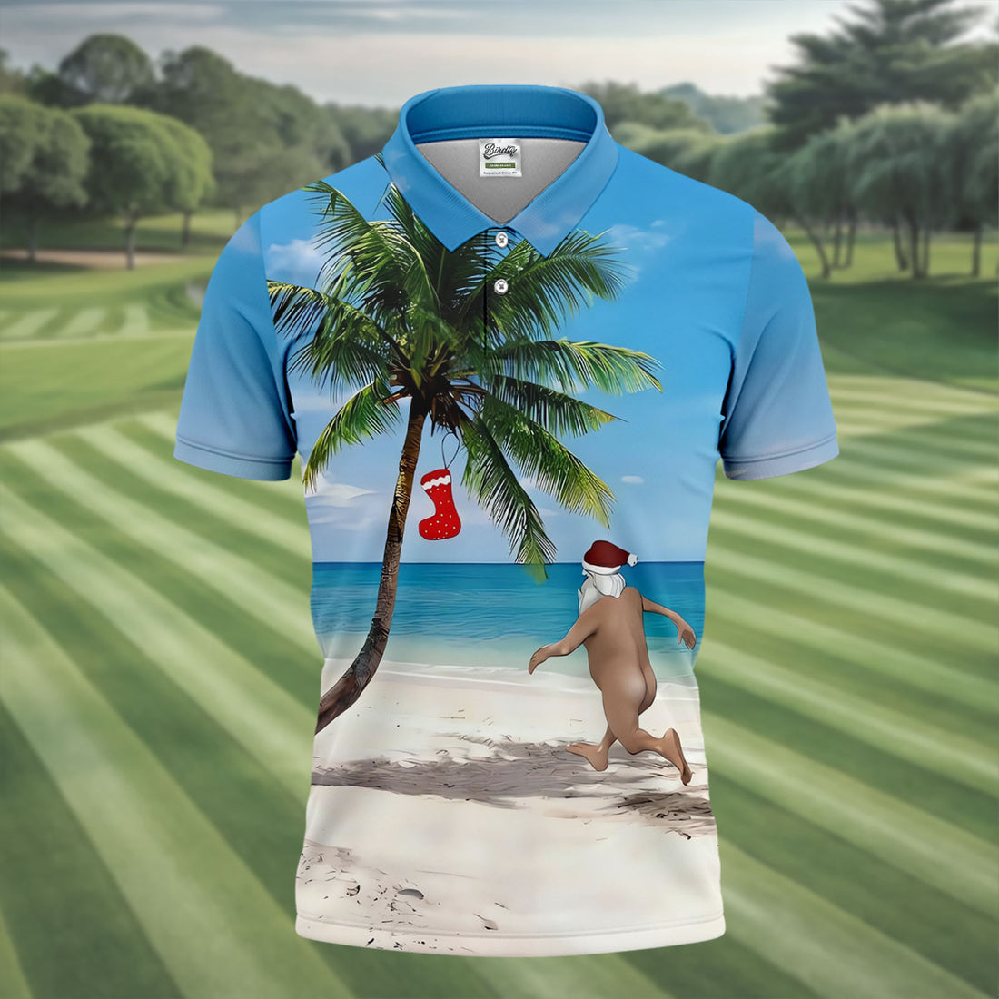 Funny Santa Running On Tropical Beach Christmas Golf Shirt, Men's Golf Shirt, Hawaiian Golf Shirt