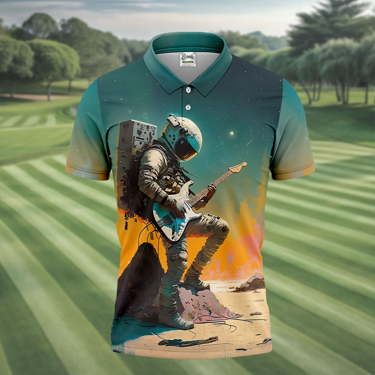 Astronaut Rock Guitar Teal Sunset Hawaiian Golf Polo, Golf Tops For Men, Golfing Apparel