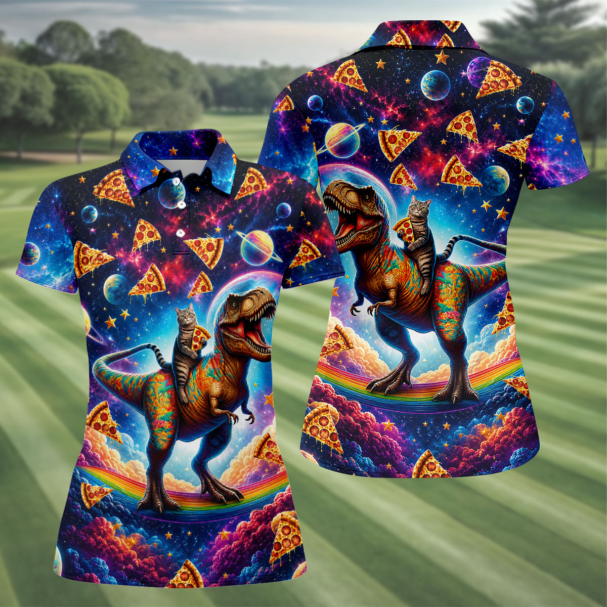 Pizza Space Cat Rainbow Dinosaur Hawaiian Golf Shirt, Women's Golf Tops, Ladies Golf Shirts