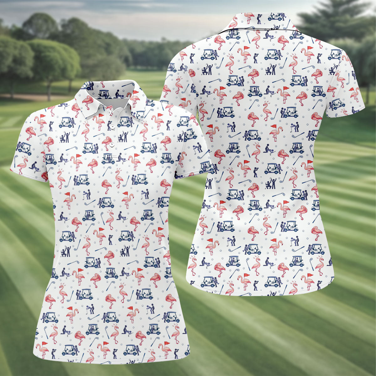 Flamingo Funny Golf Pattern Polo Shirt, Women's Golf Polo, Performance Golf Shirt