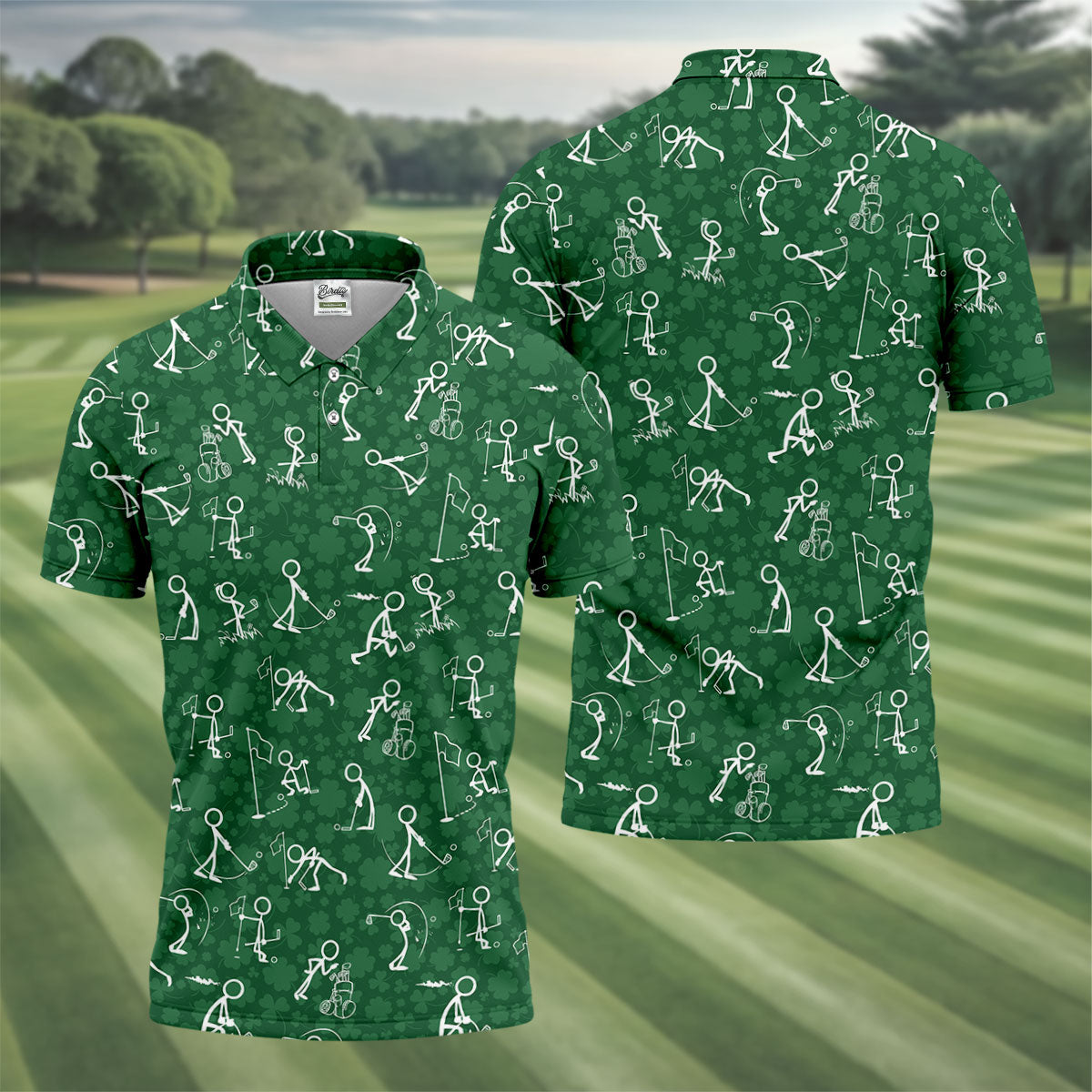 Stick Figure Golf Pose Shamrock Golf Shirt, St Patrick's Day Golf Tops For Men, Polo Shirts For Men
