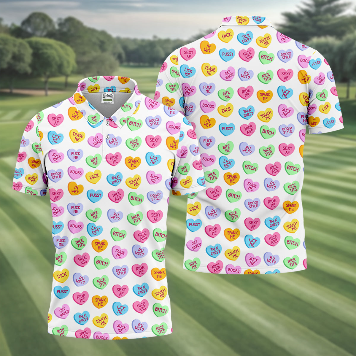 Naughty Conversation Hearts Fun Golf Shirts For Men, Valentines Golf Gift, Dirty Candy Heart Polo Shirts For Men