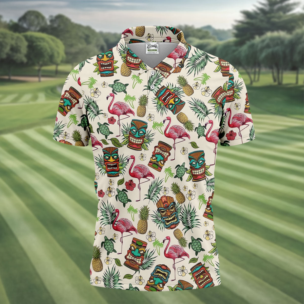 Tiki Masks, Flamingo and Island Paradise Pattern Design Hawaiian Golf Polo, Golf Tops For Men, Golfing Apparel