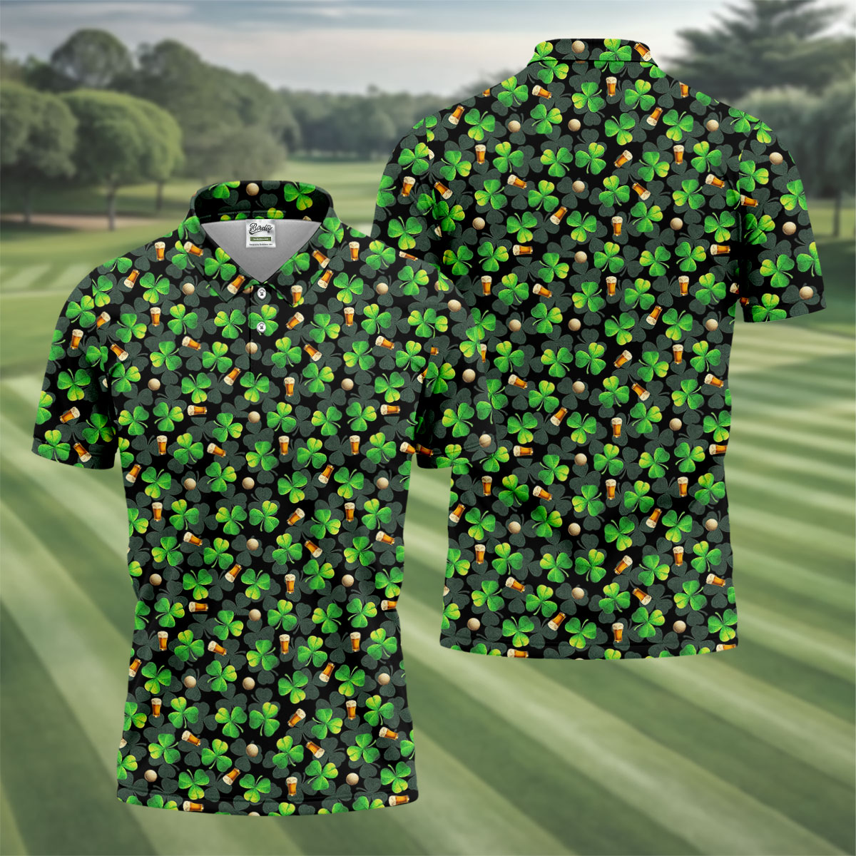 St Patrick's Day Beer Golf Ball Pattern Shamrock Golf Shirt, Polo Shirts For Men, Golf Shirts For Men