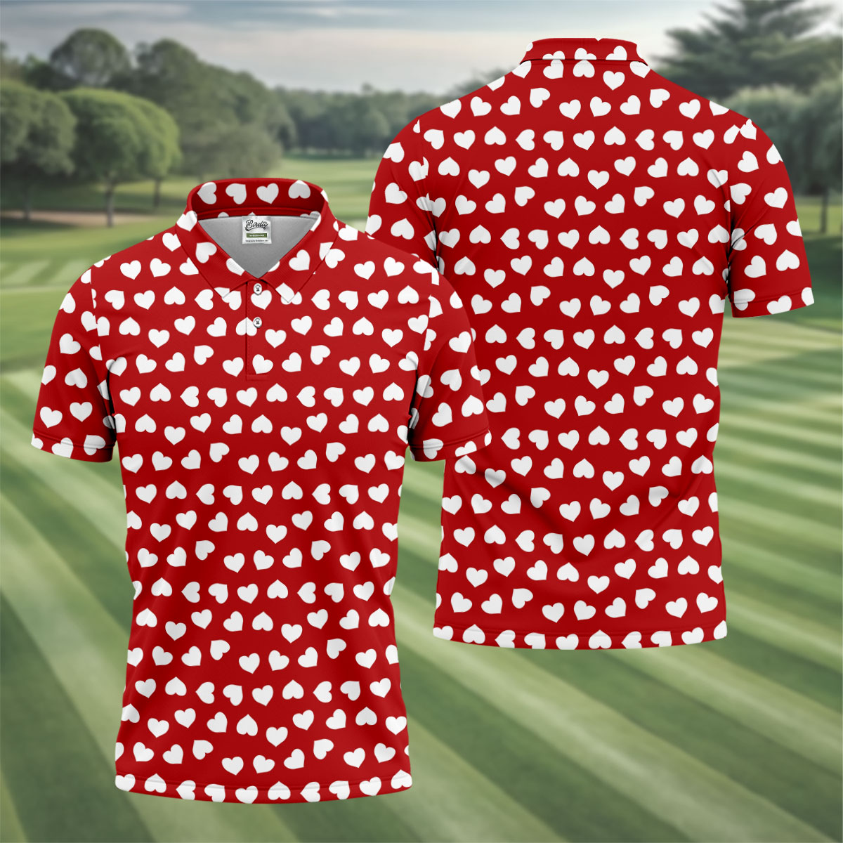 White And Red Heart Pattern Golf Tops For Men, Valentine Golf Gift, Polo Shirts For Men, Golf Gift For Men