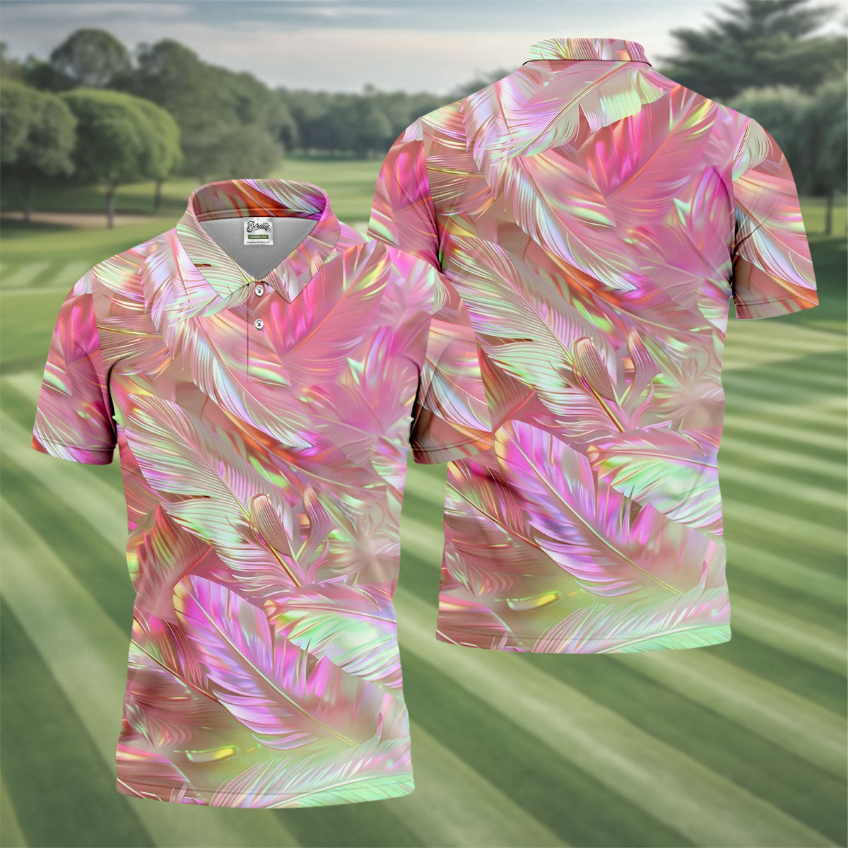 Pastel Gradient Feather Hawaiian Golf Shirt, Golf Tops For Men, Golf Shirts For Men