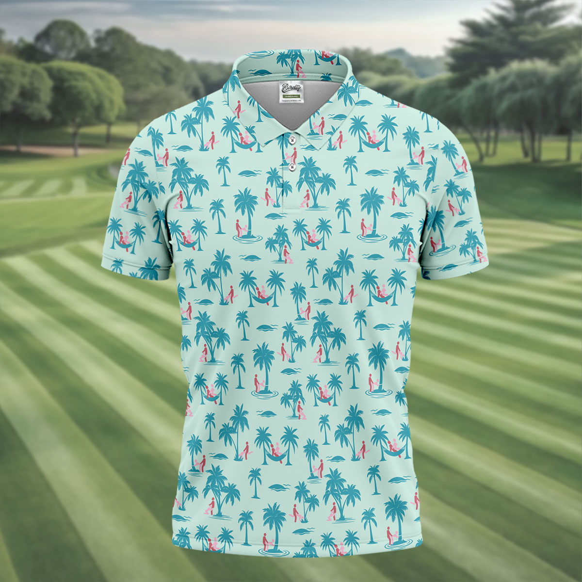 Funny Tropical Couple Beach Pattern Men's Golf Shirt, Hawaiian Golf Shirt, Golf Apparel For Men