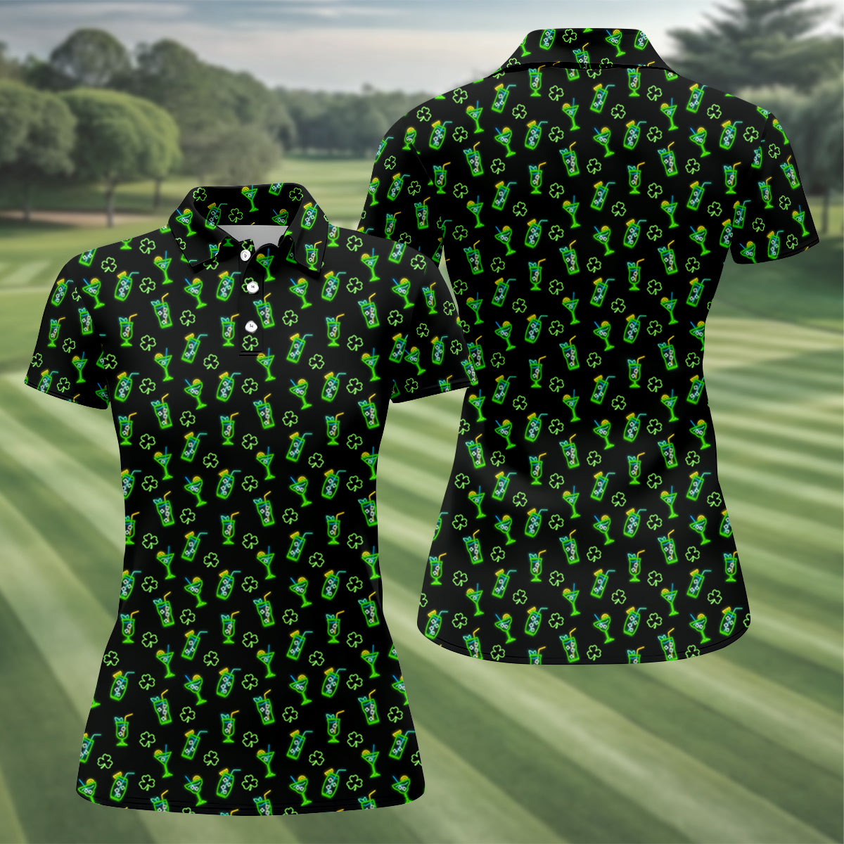 Neon Green Cocktails Three Leaf Clover St Patrick's Day Golf Shirt, Women's Golf Tops, Ladies Golf Shirts