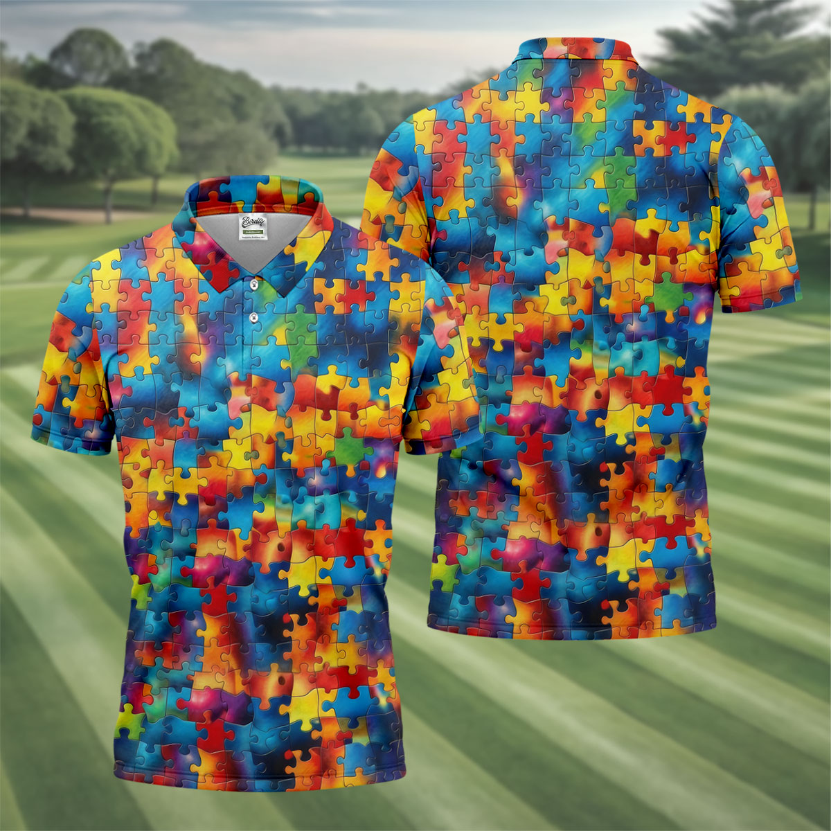 Autism Awareness Rainbow Gradient Puzzle Pattern Golf Tops For Men, Men's Golf Shirt, Polo Shirts For Men