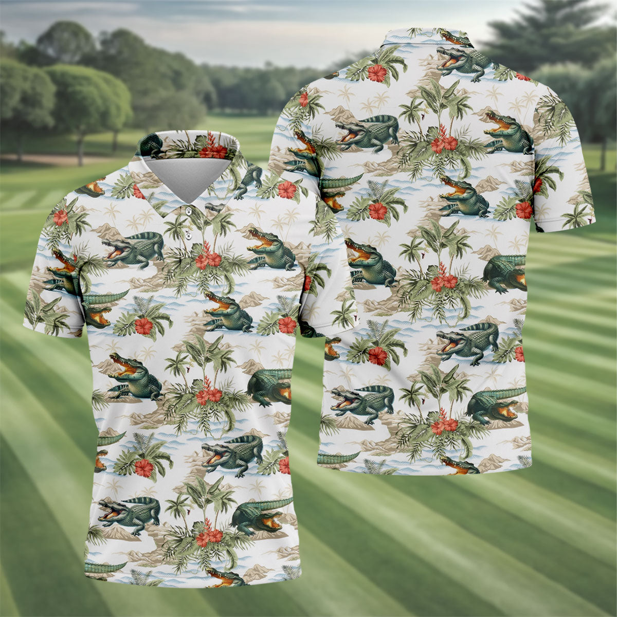 Tropical Coastal Alligator and Hibiscus Pattern Hawaiian Golf Polo, Golf Tops For Men, Golfing Apparel