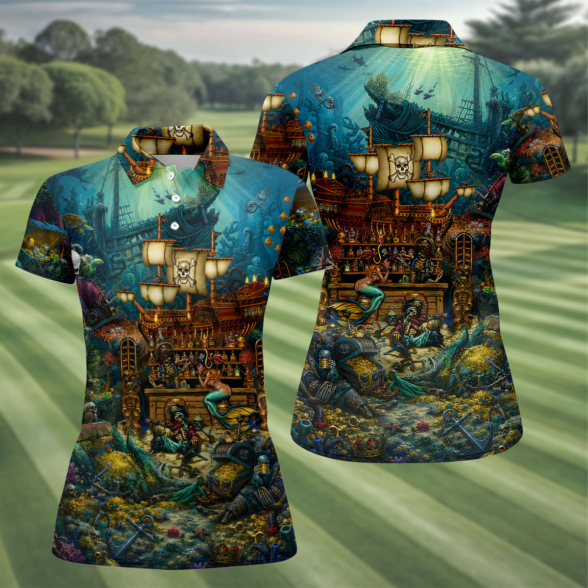 Pirate Life Tiki Pattern Hawaiian Golf Shirt, Women's Golf Tops, Ladies Golf Shirts