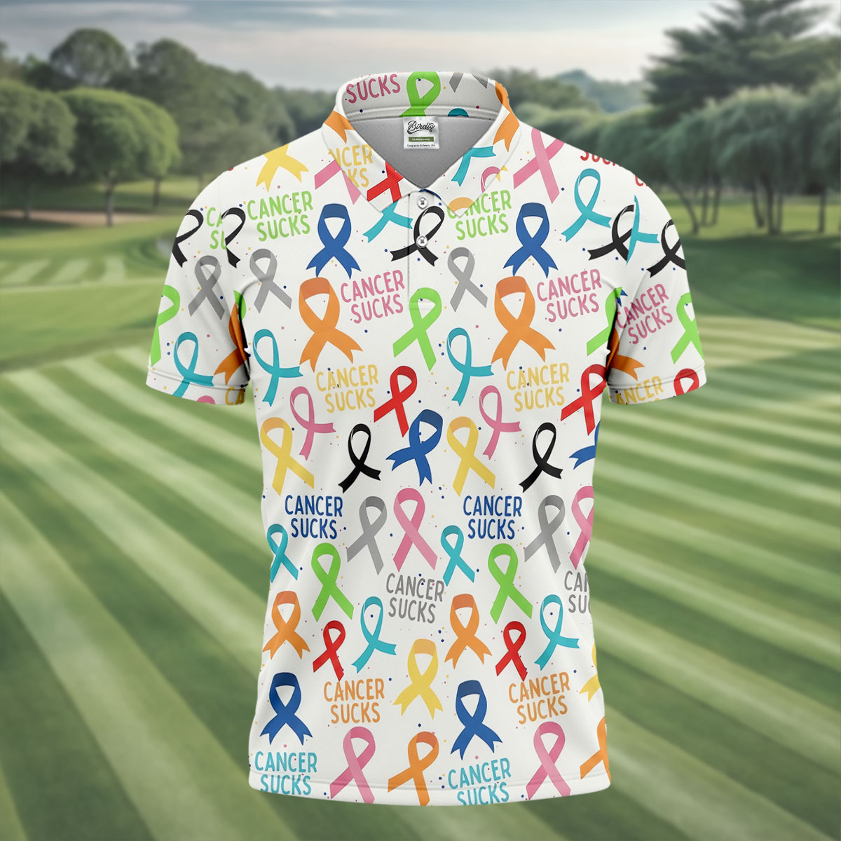 Cancer Sucks Multicolor Awareness Ribbon Polo Shirt, Mens Golf Polo, Printed Golf Shirts