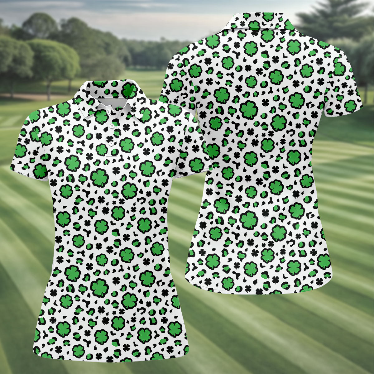 Lucky Four Leaf Clover Leopard Pattern St Patrick's Day Golf Shirt, Women's Golf Tops, Ladies Golf Shirts