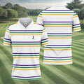 Mardi Gras Purple Green Gold Stripe Pattern Golf Tops For Men, Men's White Polo, Golf Shirts For Men