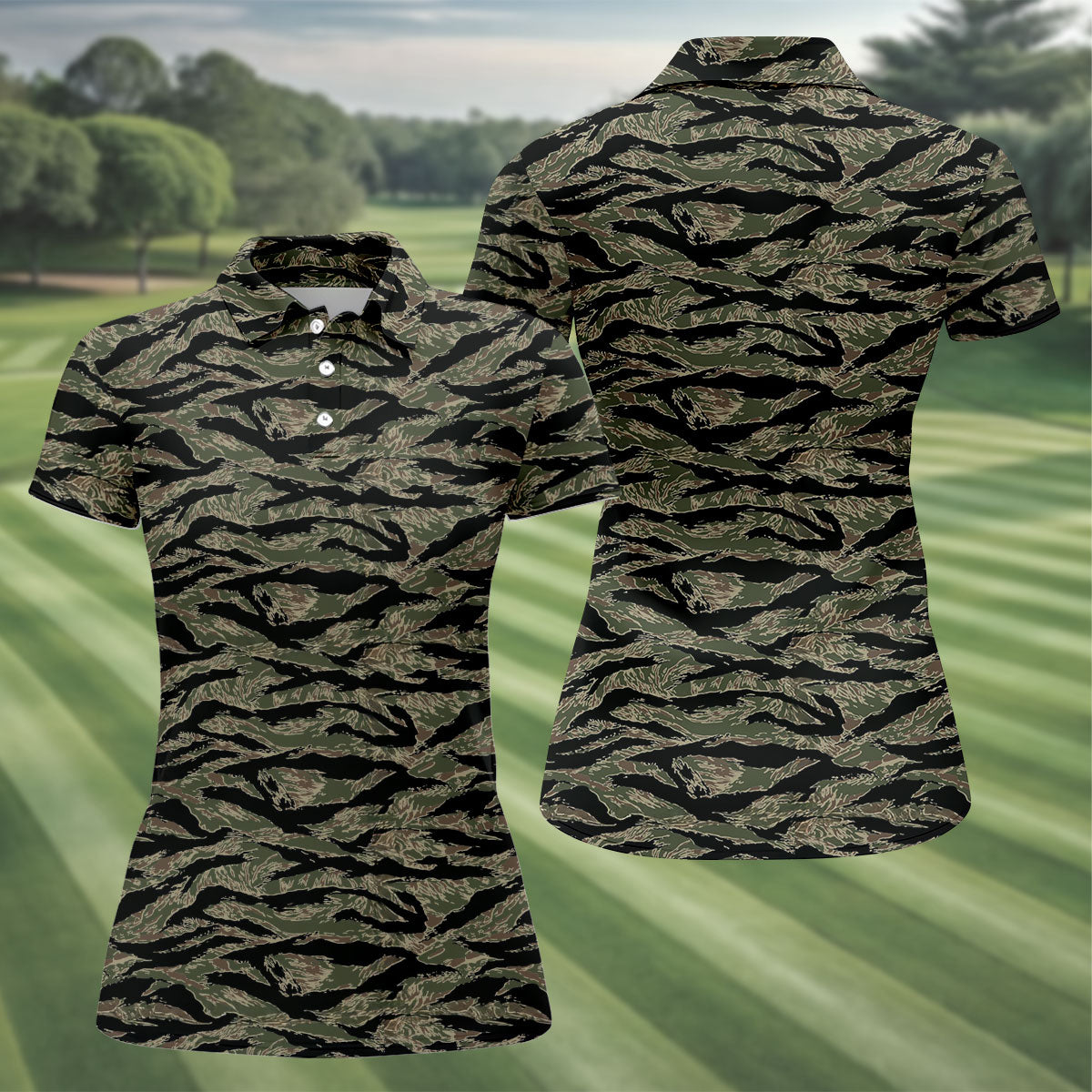 Rhodesian Tiger Stripe Camo Hawaiian Golf Shirt, Women's Golf Tops, Ladies Golf Shirts
