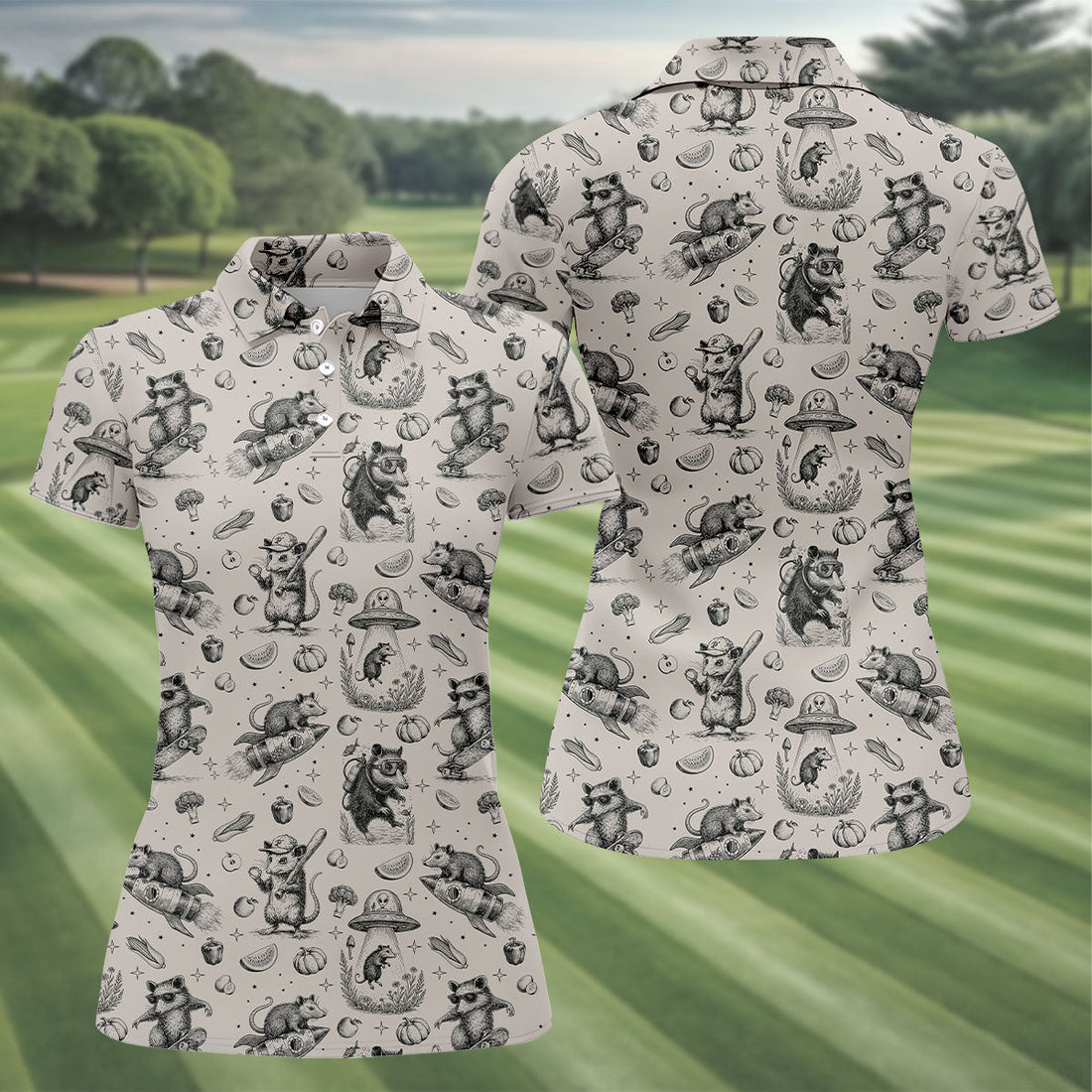 Mice and UFOs in a Fantasy Woodland Pattern Hawaiian Golf Polo, Golf Tops For Women, Golfing Apparel