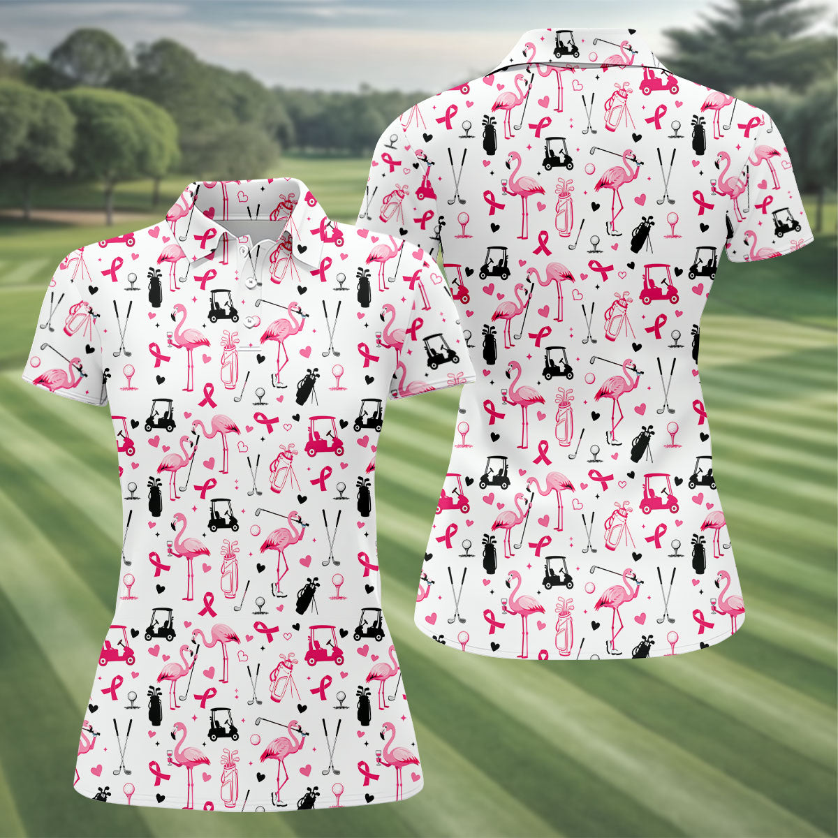 Pink Flamingo Golf Pattern Breast Cancer Polo Shirt, Ladies Golf Top, Women’s Golf Polo