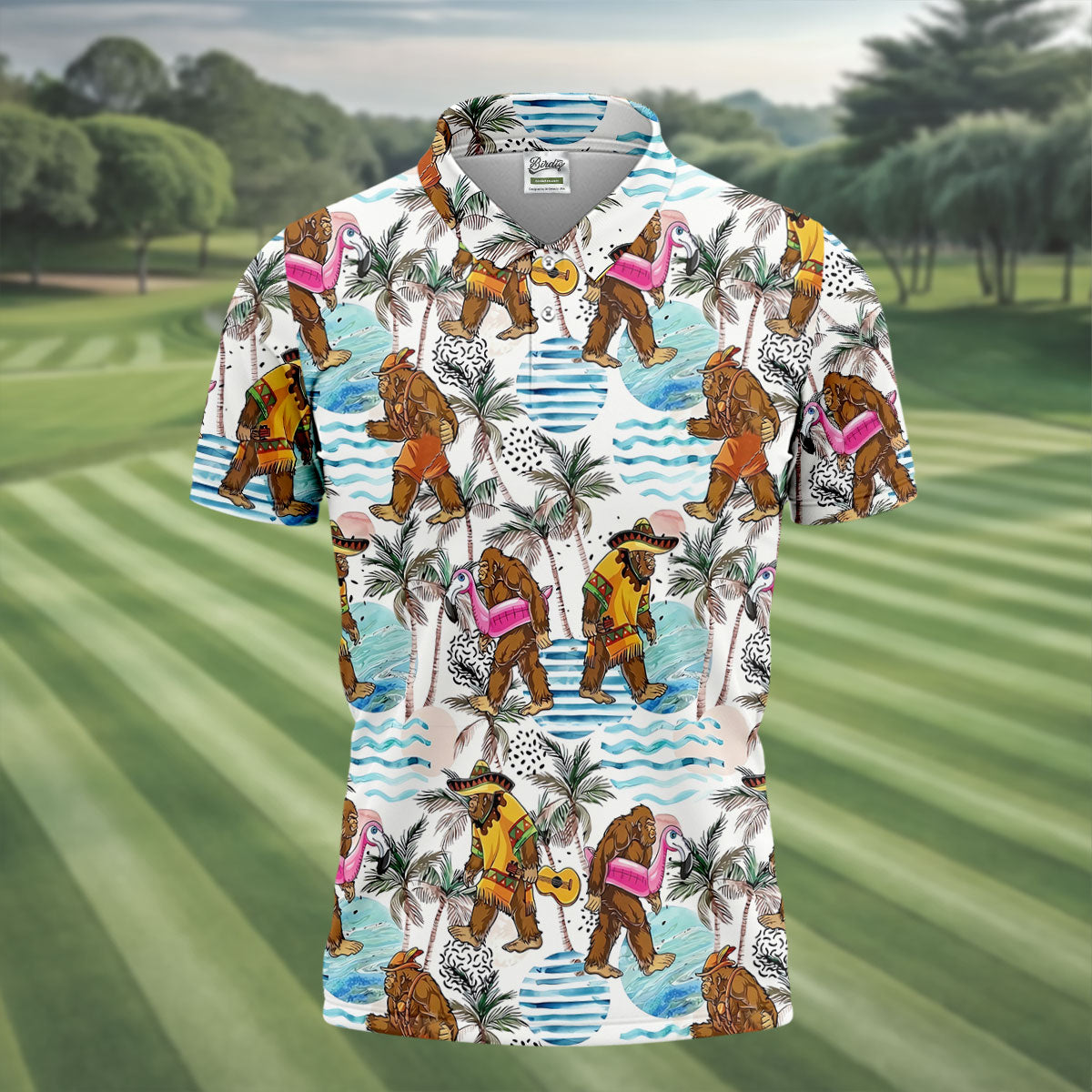 Bigfoot With Flamingo Float And Guitar Tropical Pattern Hawaiian Golf Polo, Golf Gift For Men, Golfing Apparel