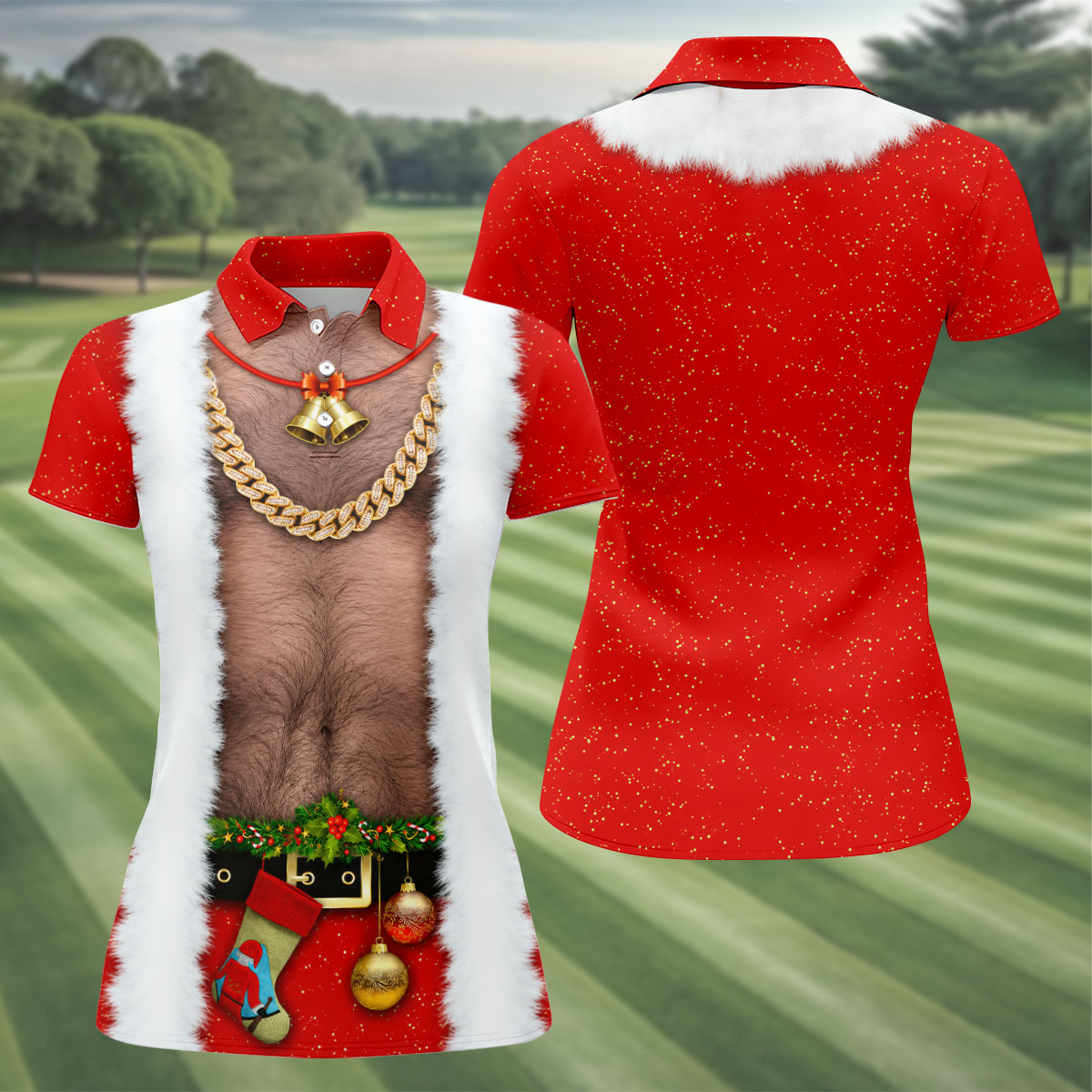 Funny Santa Gold Chain Christmas Golf Shirt, Women’s Golf Polo, Women’s Golf Apparel
