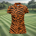 Bold Orange Black Tiger Stripe Animal Print Golf Shirt, Women Golf Shirts, Golf Apparel For Ladies