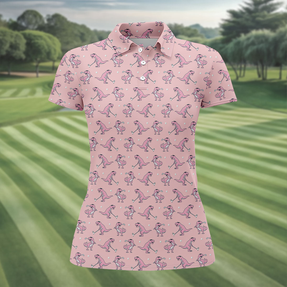 Pink T-Rex Dinosaur Golfer Pattern Golf Polo Shirt, Golf Tops For Women, Ladies Golf Top